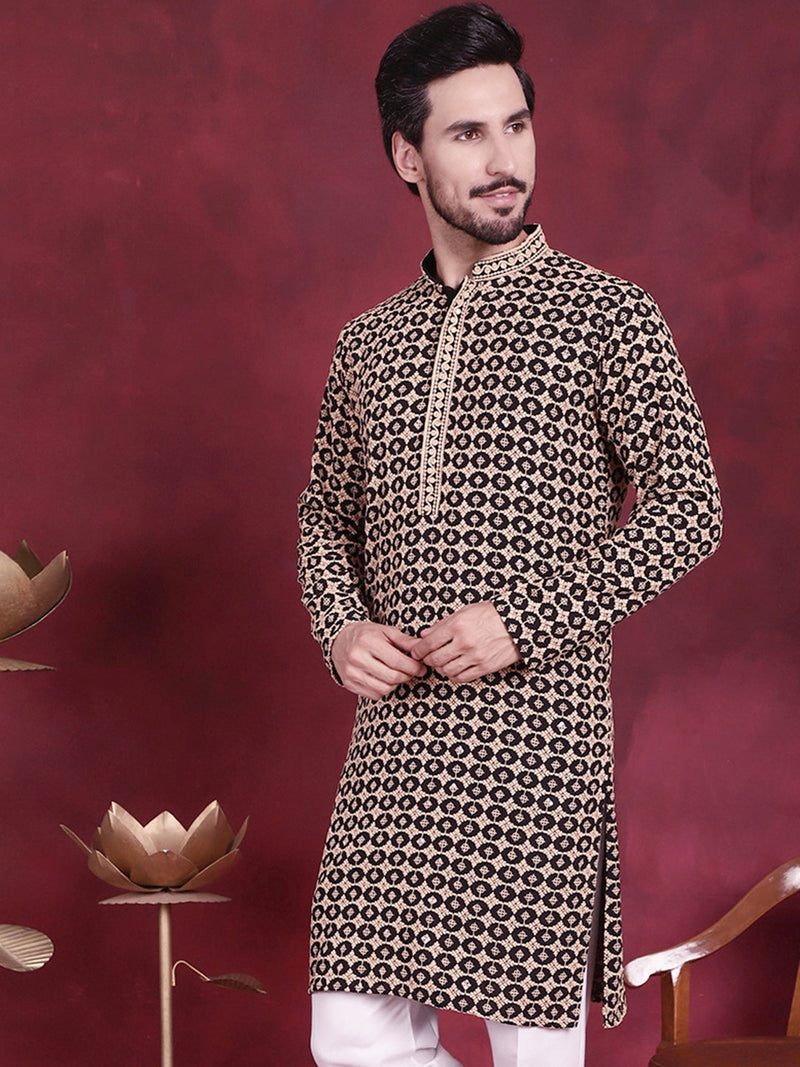 Men's Sequins Embroidered Kurtas ( KO 5023 Black )