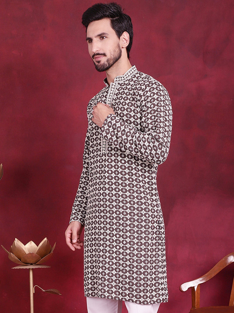 Men's Sequins Embroidered Kurtas ( KO 5023 Brown )