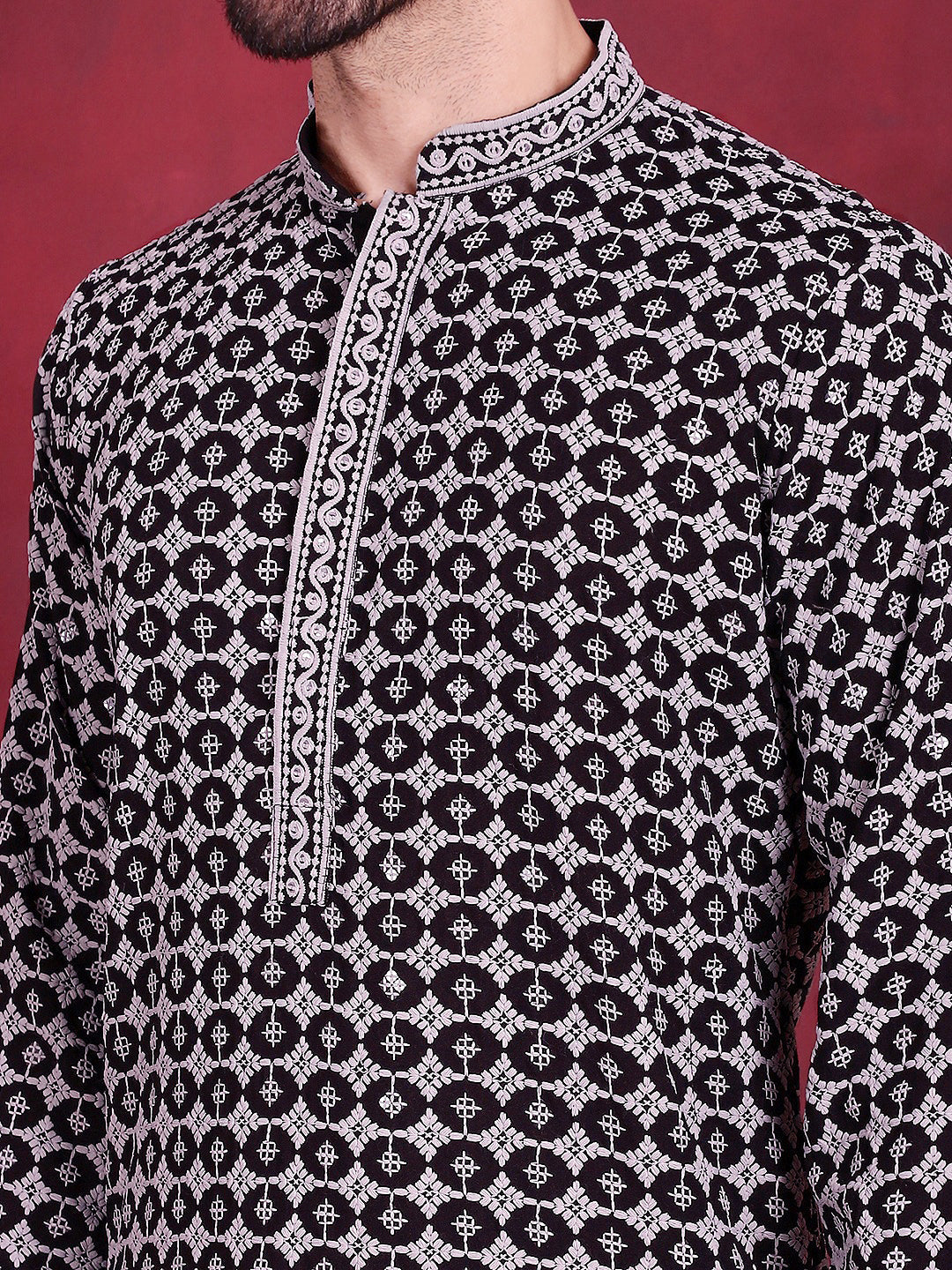 Men's Sequins Embroidered Kurtas ( KO 5023 Grey )
