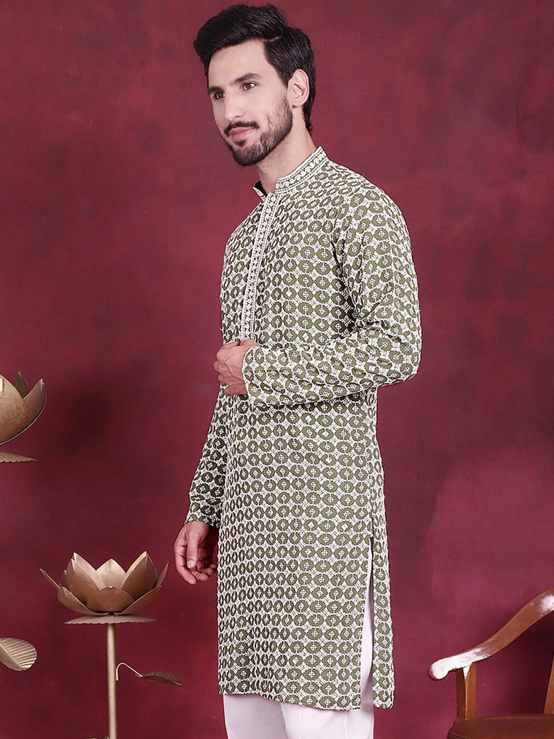 Men's Sequins Embroidered Kurtas ( KO 5023 Mehndi )