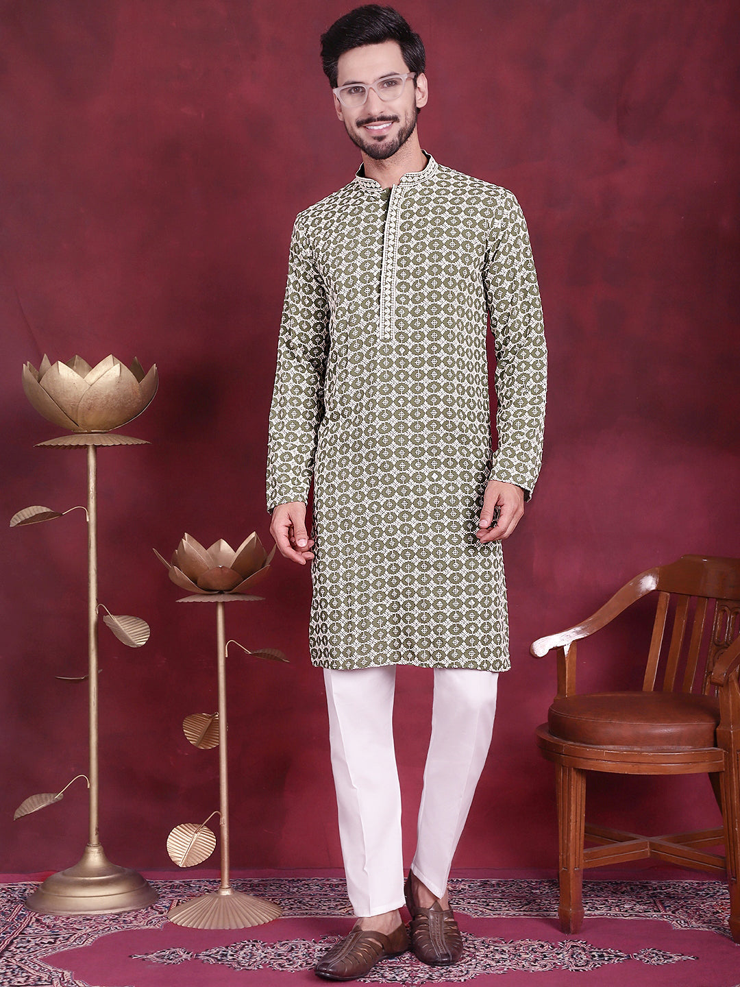 Men's Sequins Embroidered Kurtas ( KO 5023 Mehndi )
