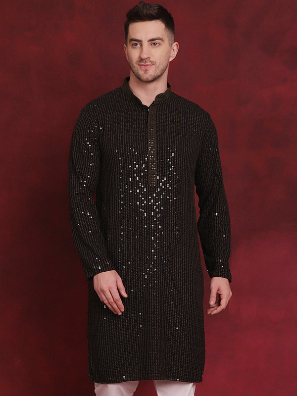 Men Sequins Chikankari Embroidered Kurtas ( KO 5024Olive )