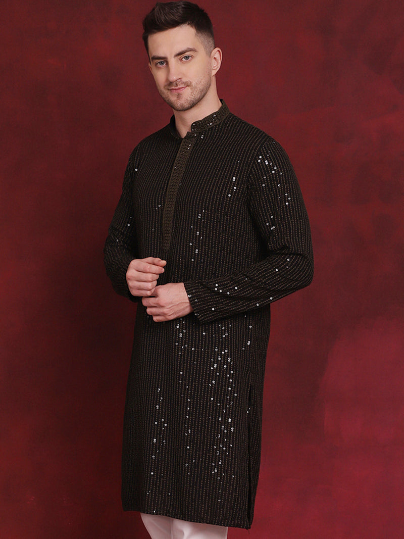 Men Sequins Chikankari Embroidered Kurtas ( KO 5024Olive )