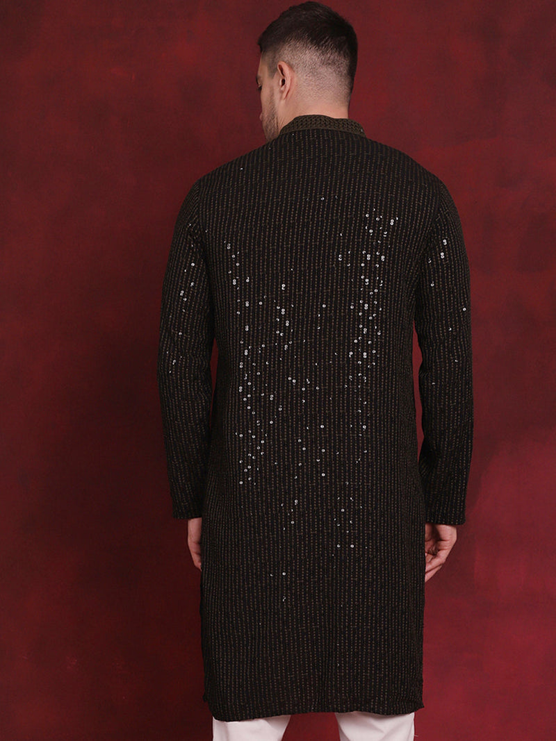 Men Sequins Chikankari Embroidered Kurtas ( KO 5024Olive )