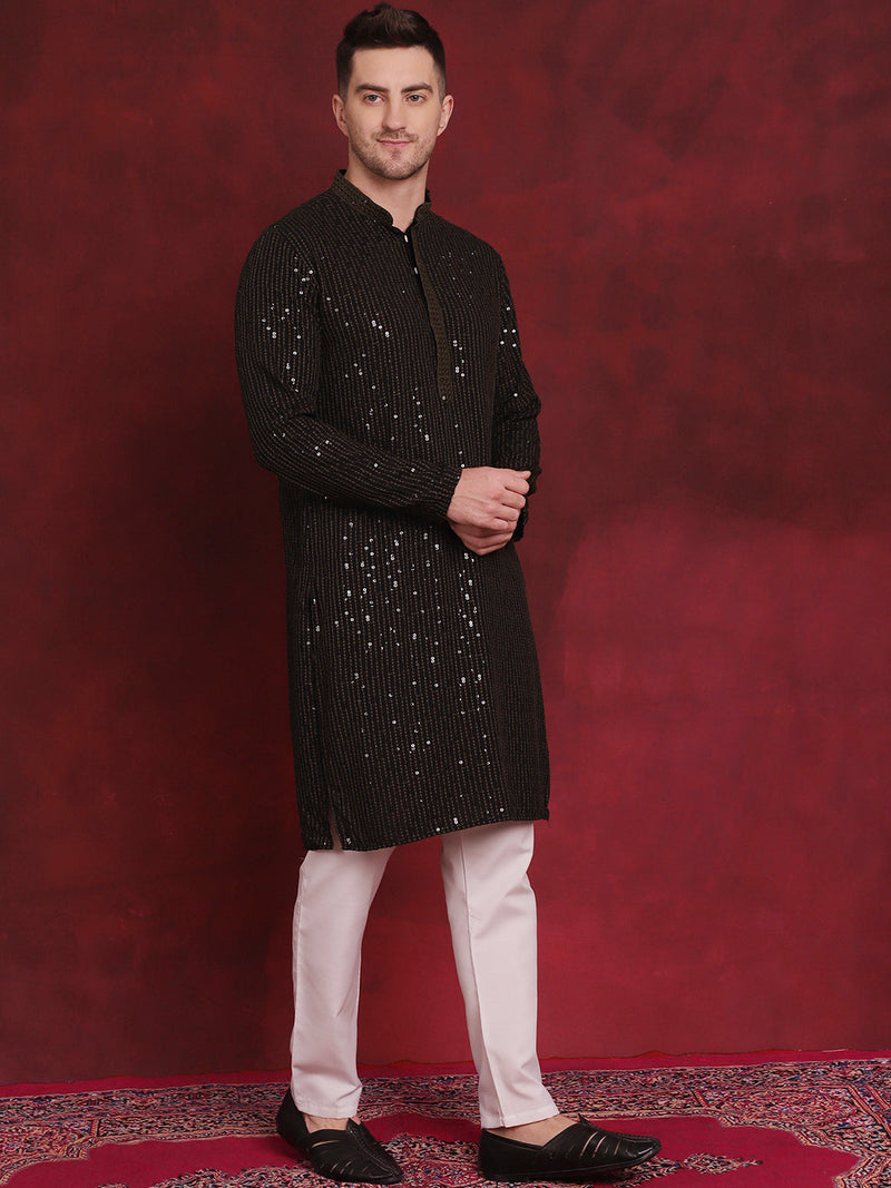 Men Sequins Chikankari Embroidered Kurtas ( KO 5024Olive )