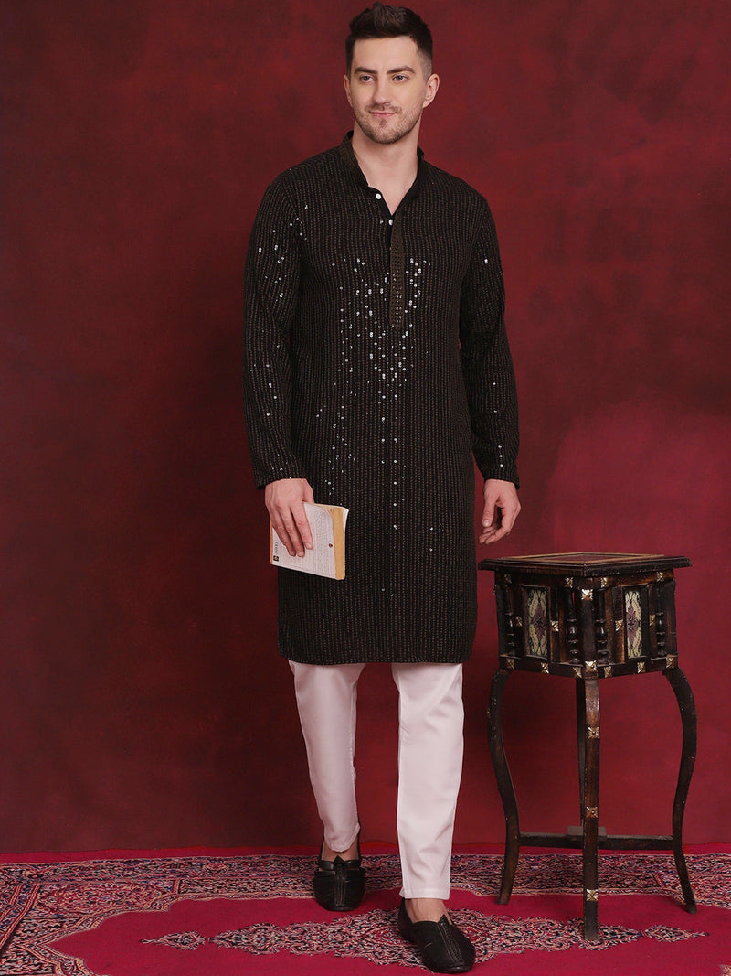 Men Sequins Chikankari Embroidered Kurtas ( KO 5024Olive )