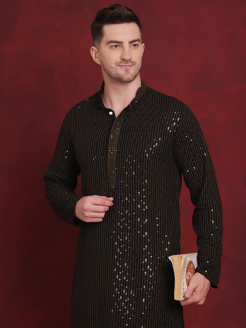 Men Sequins Chikankari Embroidered Kurtas ( KO 5024Olive )