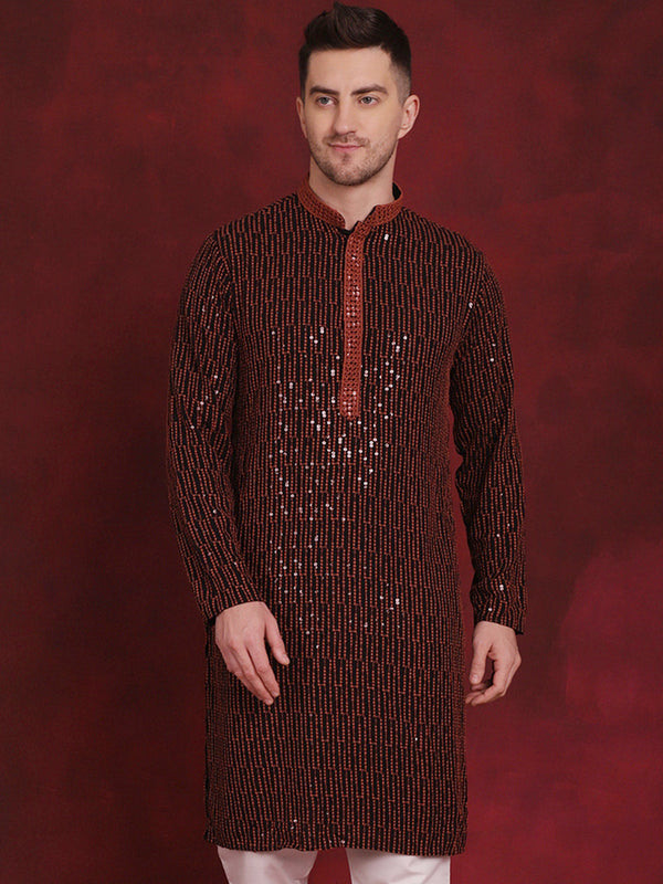 Men Sequins Chikankari Embroidered Kurtas ( KO 5024Orange )