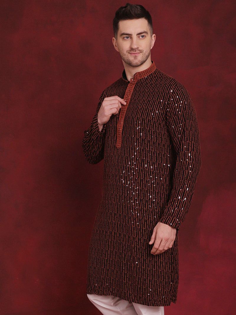 Men Sequins Chikankari Embroidered Kurtas ( KO 5024Orange )