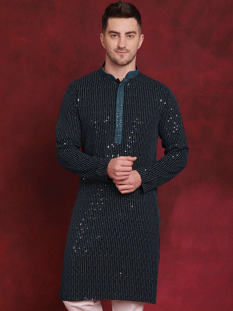 Men Sequins Chikankari Embroidered Kurtas ( KO 5024Peacock )