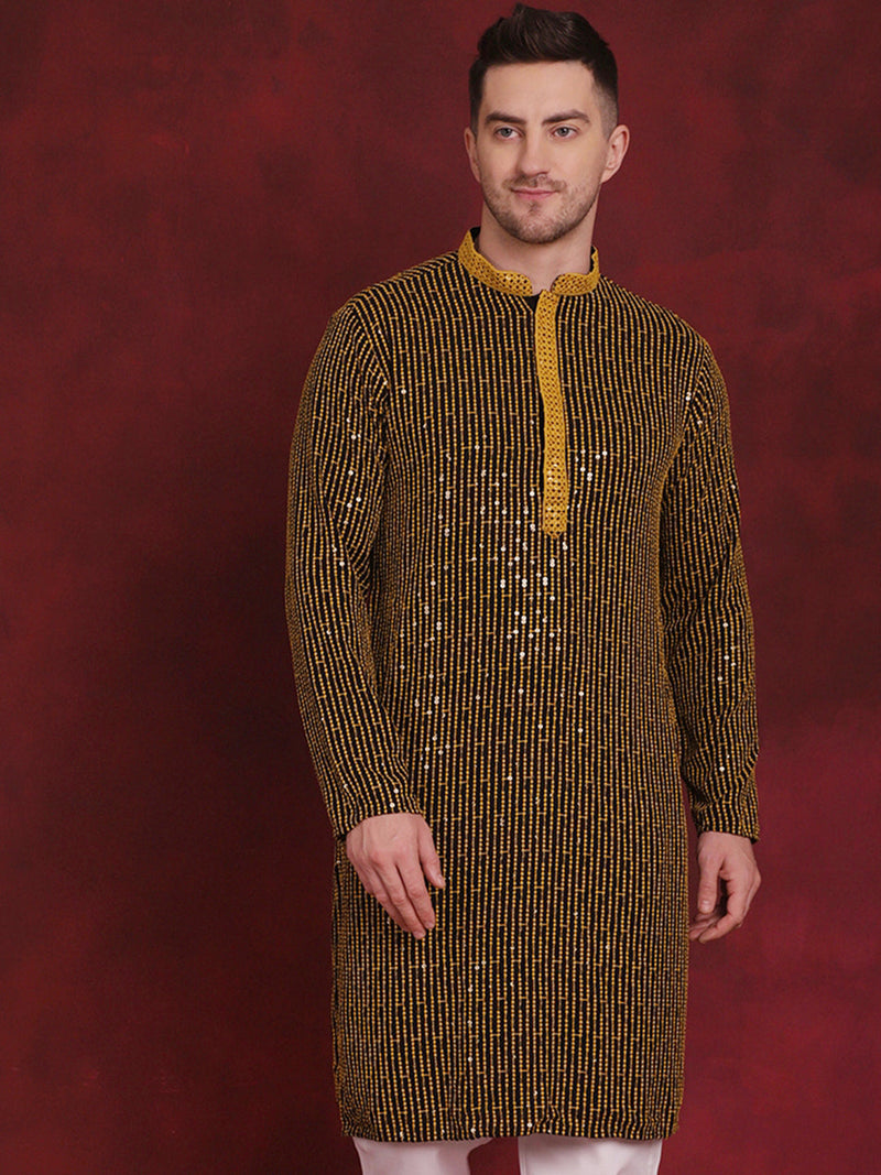 Men Sequins Chikankari Embroidered Kurtas ( KO 5024Yellow )