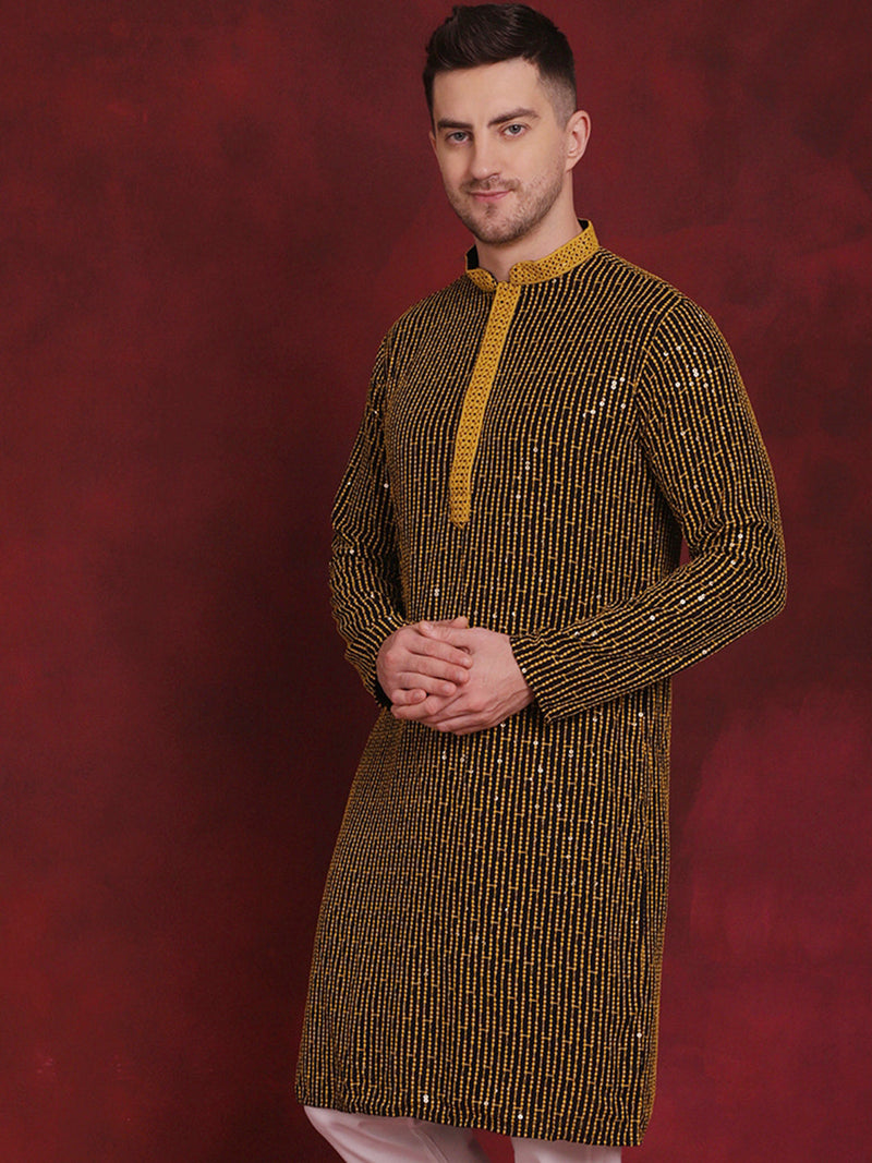 Men Sequins Chikankari Embroidered Kurtas ( KO 5024Yellow )