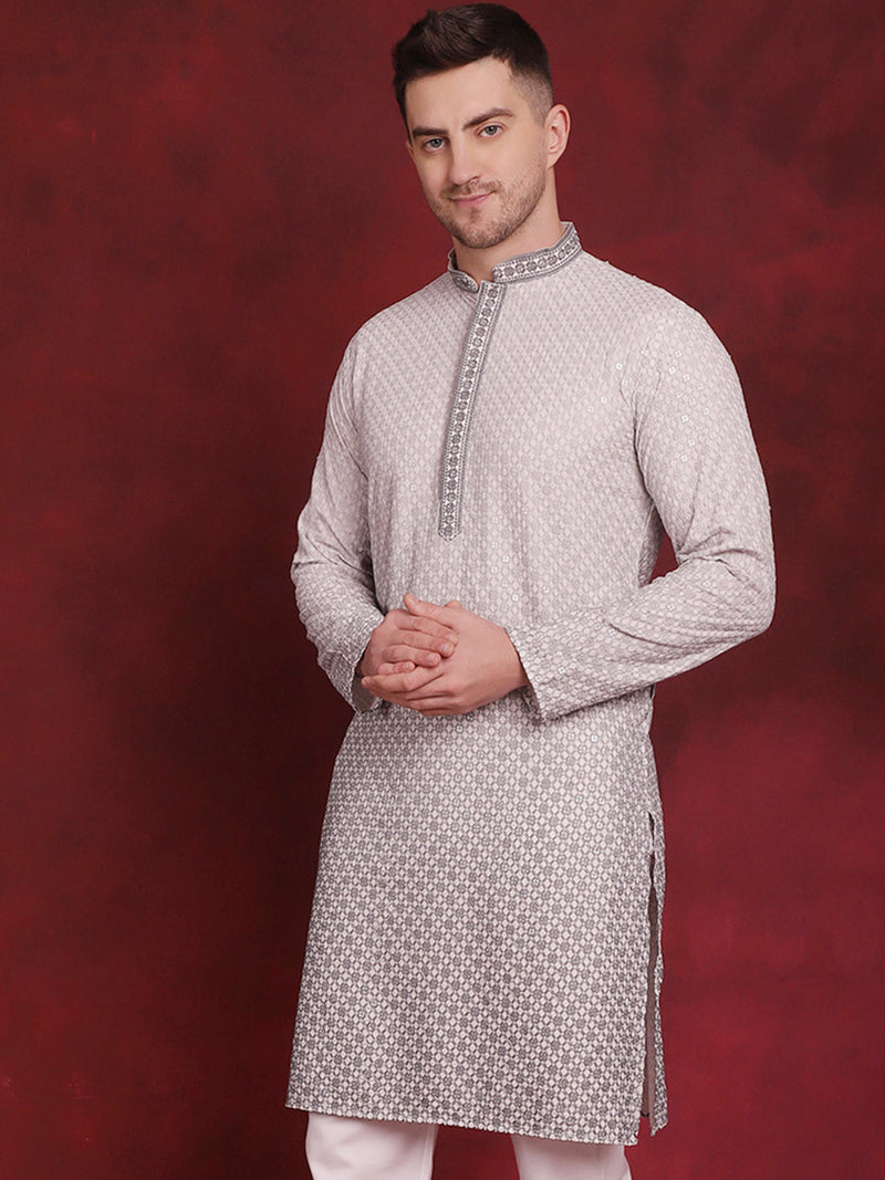 Men Sequins Embroidered Kurtas ( KO 5025Grey )