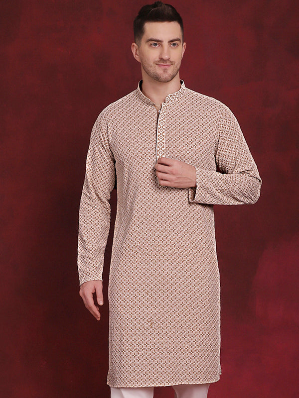 Men Sequin Embroidered Pure Cotton Kurtas ( KO 5028Beige )