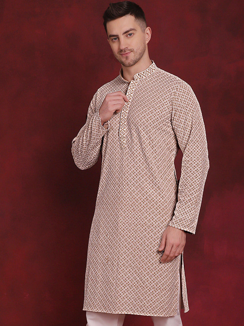 Men Sequin Embroidered Pure Cotton Kurtas ( KO 5028Beige )