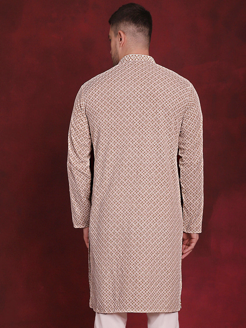 Men Sequin Embroidered Pure Cotton Kurtas ( KO 5028Beige )