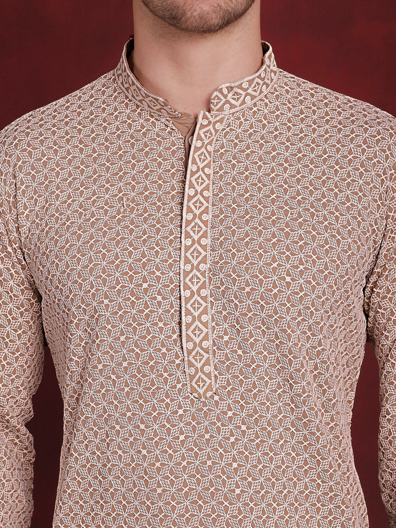 Men Sequin Embroidered Pure Cotton Kurtas ( KO 5028Beige )