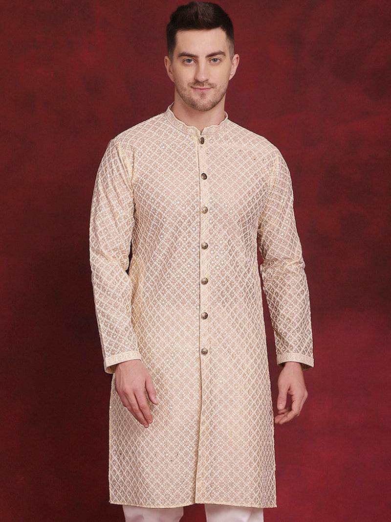 Men Sequin Chikankari Front Open Kurtas ( KO 5029Golden )