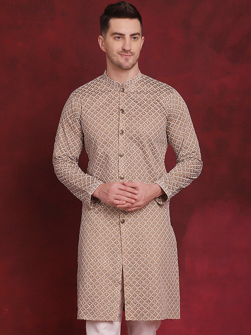 Men Sequin Chikankari Front Open Kurtas ( KO 5029Beige )