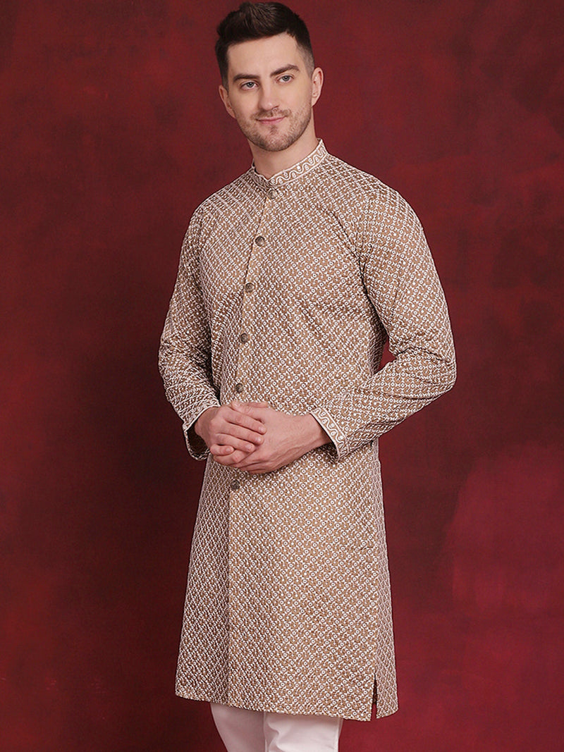 Men Sequin Chikankari Front Open Kurtas ( KO 5029Beige )