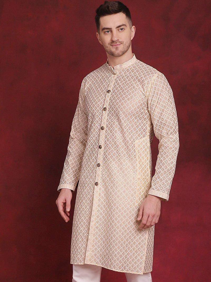 Men Sequin Chikankari Front Open Kurtas ( KO 5029Golden )