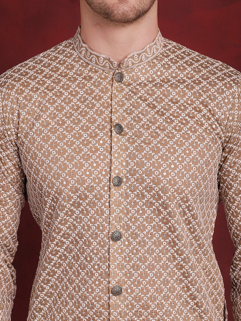 Men Sequin Chikankari Front Open Kurtas ( KO 5029Beige )