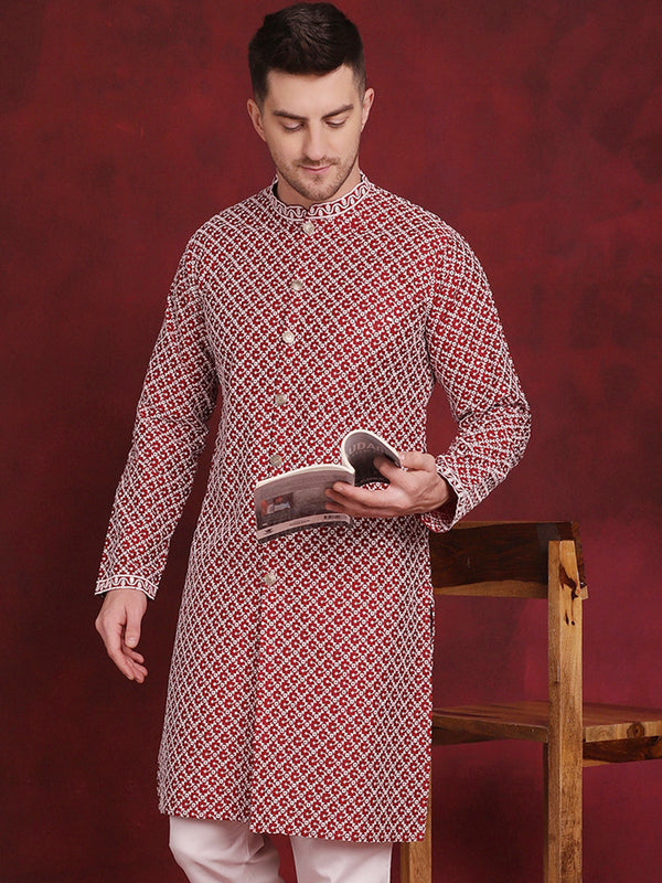 Men Sequin Chikankari Front Open Kurtas ( KO 5029Maroon )