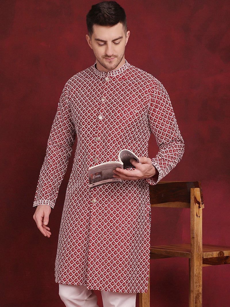 Men Sequin Chikankari Front Open Kurtas ( KO 5029Maroon )