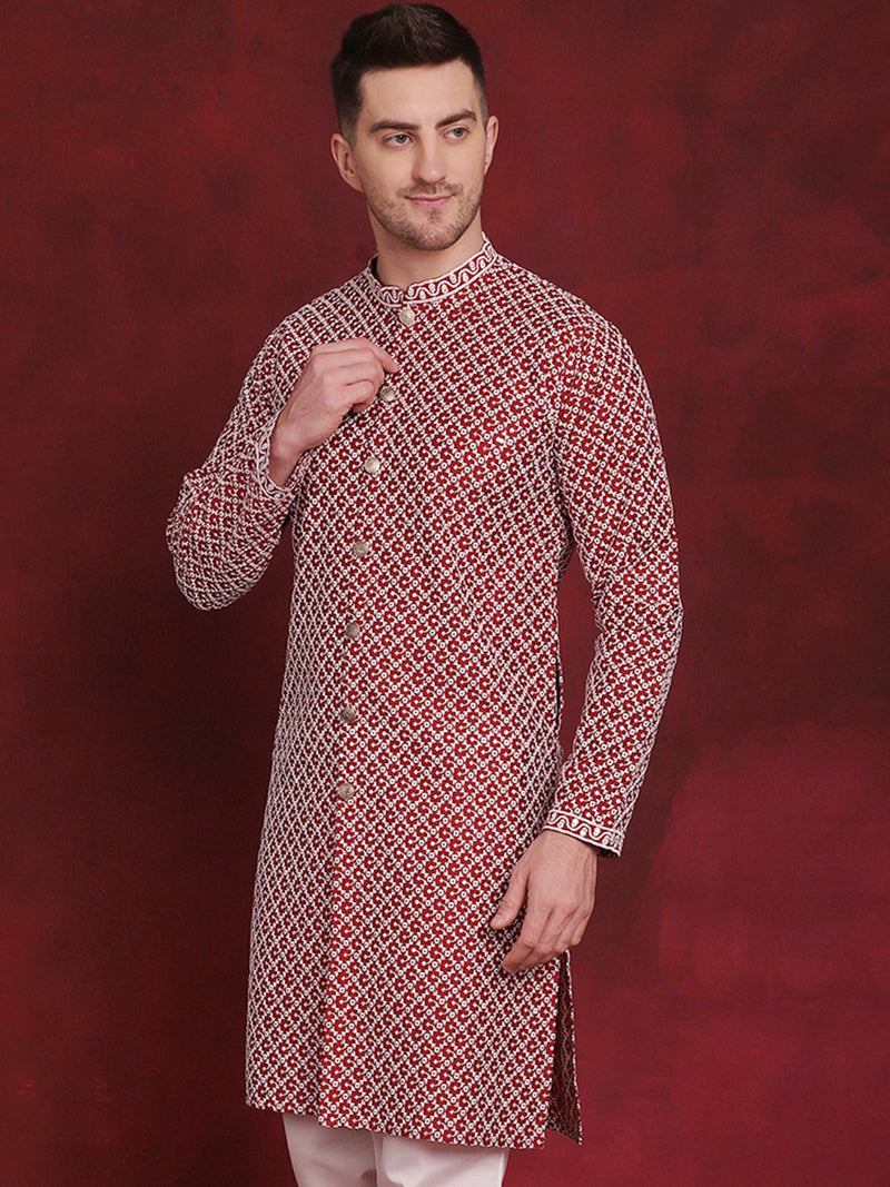 Men Sequin Chikankari Front Open Kurtas ( KO 5029Maroon )