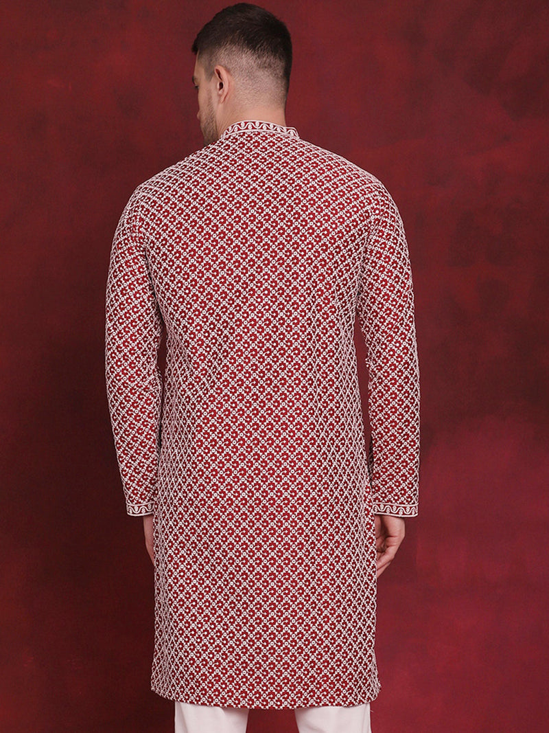 Men Sequin Chikankari Front Open Kurtas ( KO 5029Maroon )