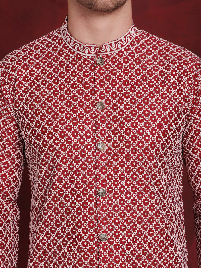 Men Sequin Chikankari Front Open Kurtas ( KO 5029Maroon )