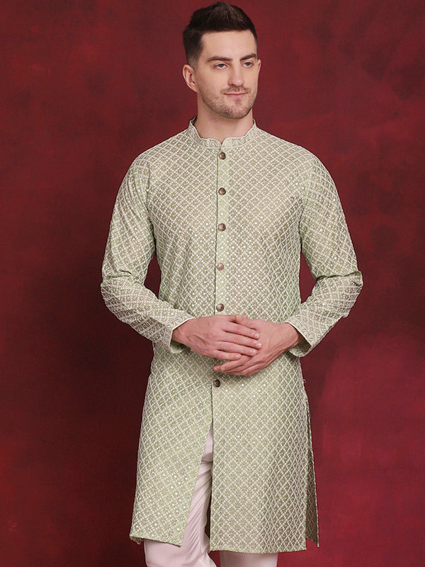 Men Sequin Chikankari Front Open Kurtas ( KO 5029Pista )