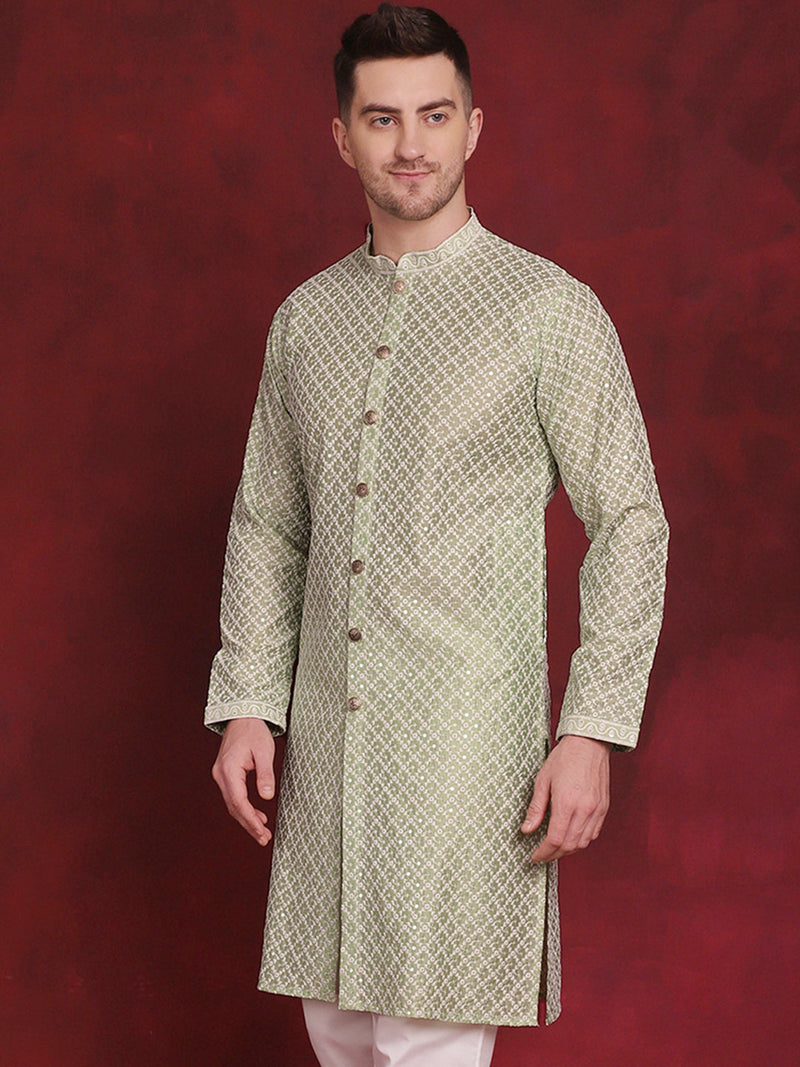 Men Sequin Chikankari Front Open Kurtas ( KO 5029Pista )