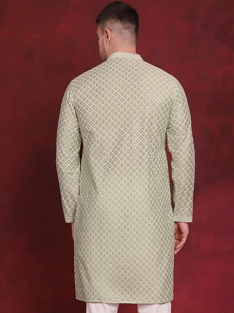 Men Sequin Chikankari Front Open Kurtas ( KO 5029Pista )