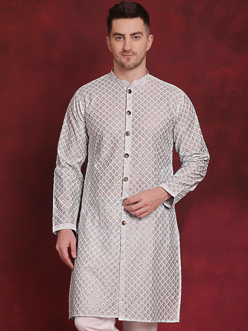 Men Sequin Chikankari Front Open Kurtas ( KO 5029Sky )