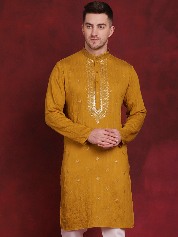 Men Sequins Embroidered Kurtas ( KO 5030Mustard )