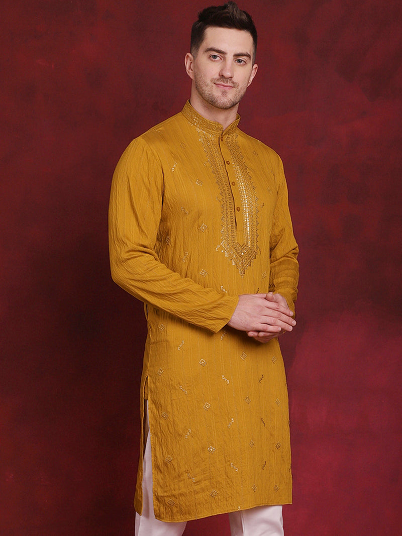 Men Sequins Embroidered Kurtas ( KO 5030Mustard )