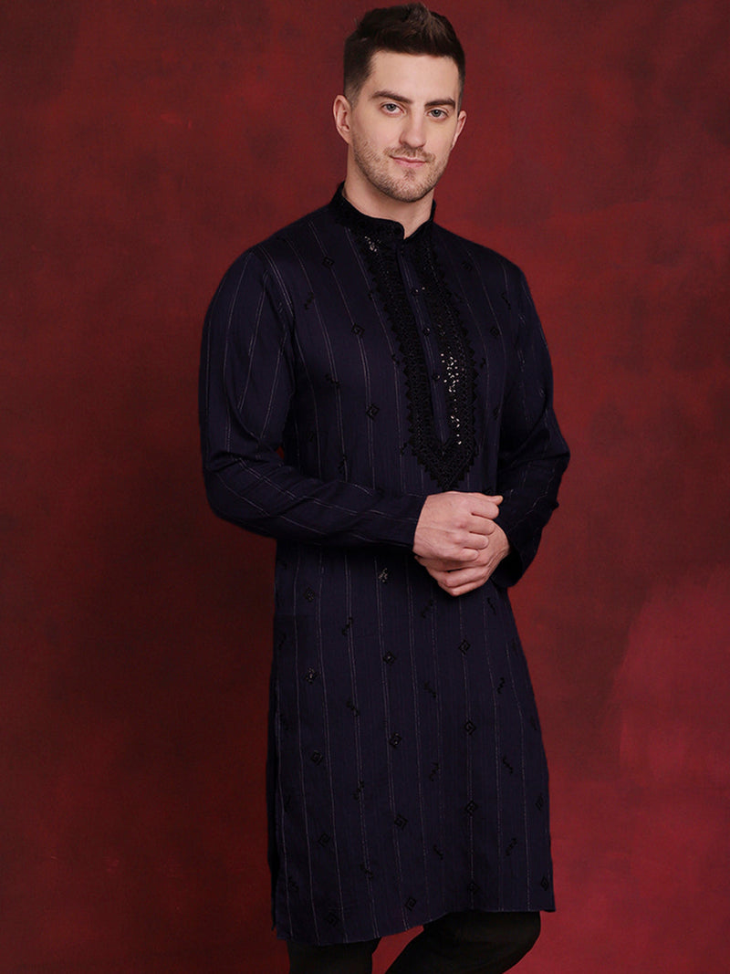 Men Sequins Embroidered Kurtas ( KO 5030Navy )