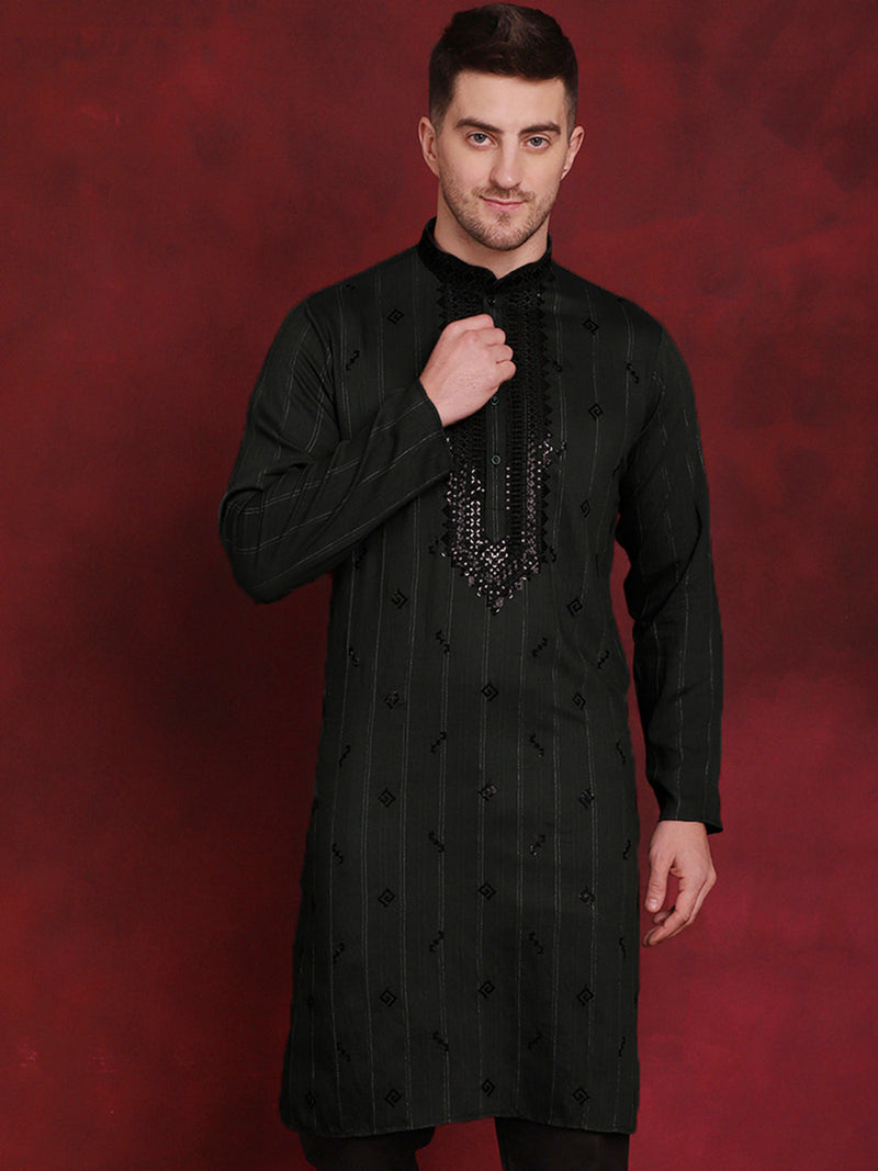 Men Sequins Embroidered Kurtas ( KO 5030Olive )