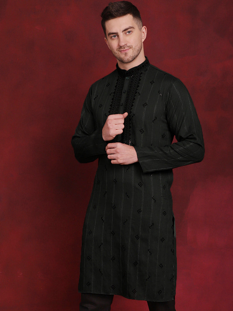 Men Sequins Embroidered Kurtas ( KO 5030Olive )