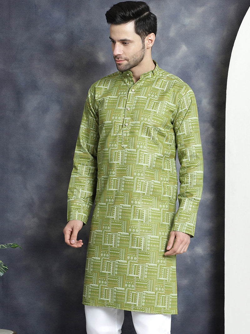 Men's Printed Kurtas ( KO 5031Olive )