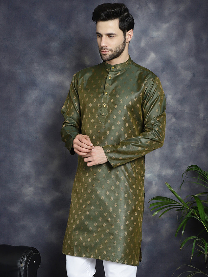 Woven Design Silk Blend Kurtas ( KO 5032Olive )