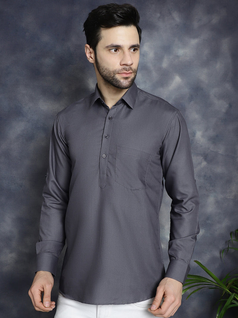 Men's Grey Solid Short Kurtas ( KO 5037Grey )