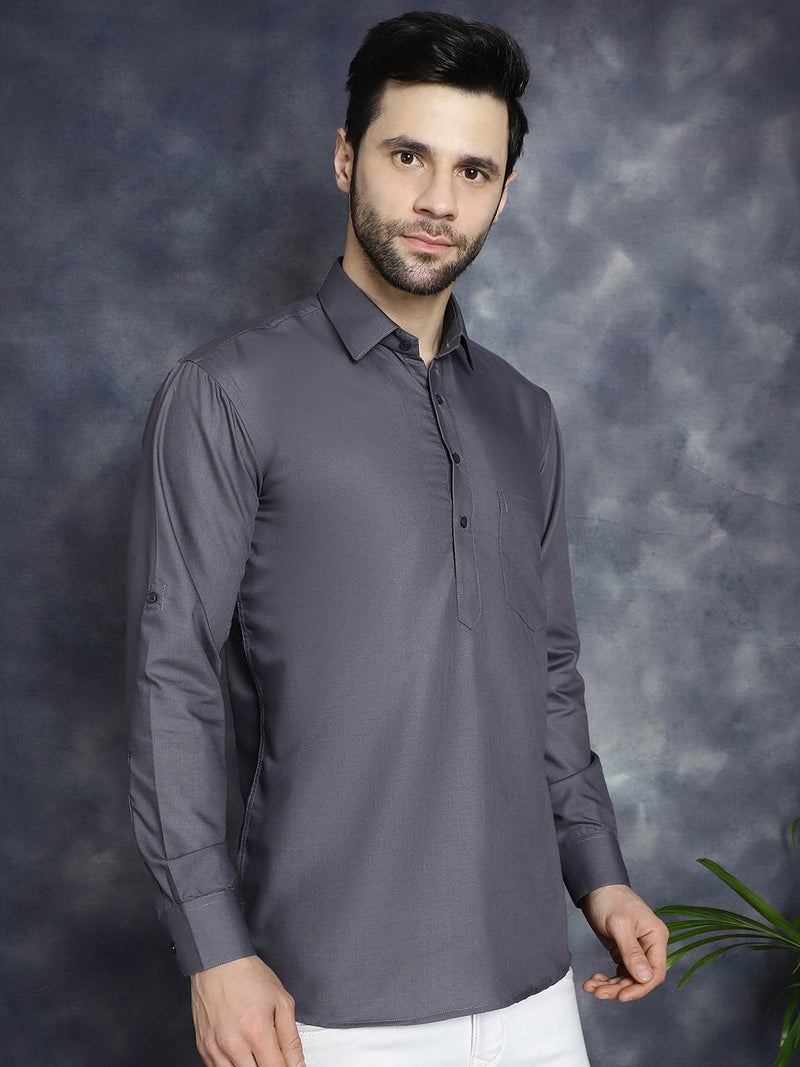 Men's Grey Solid Short Kurtas ( KO 5037Grey )