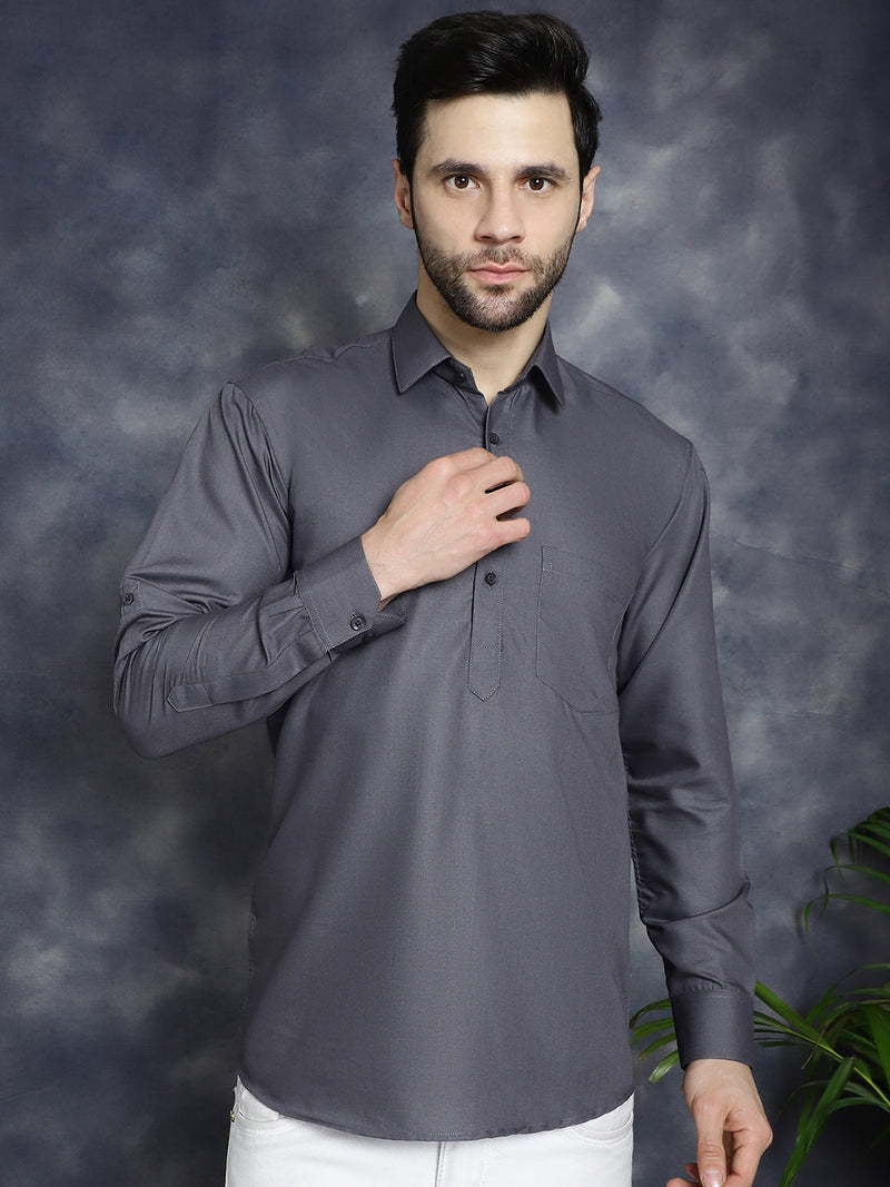 Men's Grey Solid Short Kurtas ( KO 5037Grey )