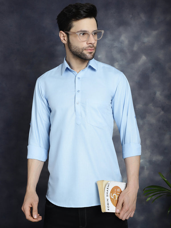 Men's Light Blue Solid Short Kurtas ( KO 5037Light-Blue )