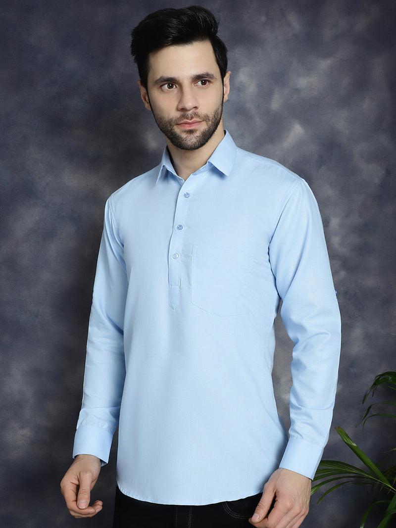 Men's Light Blue Solid Short Kurtas ( KO 5037Light-Blue )