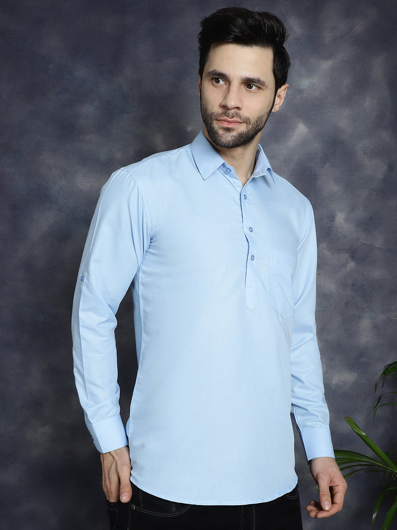 Men's Light Blue Solid Short Kurtas ( KO 5037Light-Blue )