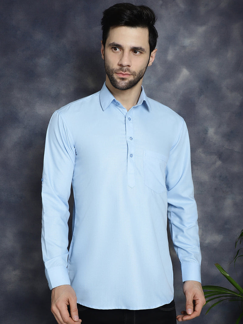 Men's Light Blue Solid Short Kurtas ( KO 5037Light-Blue )