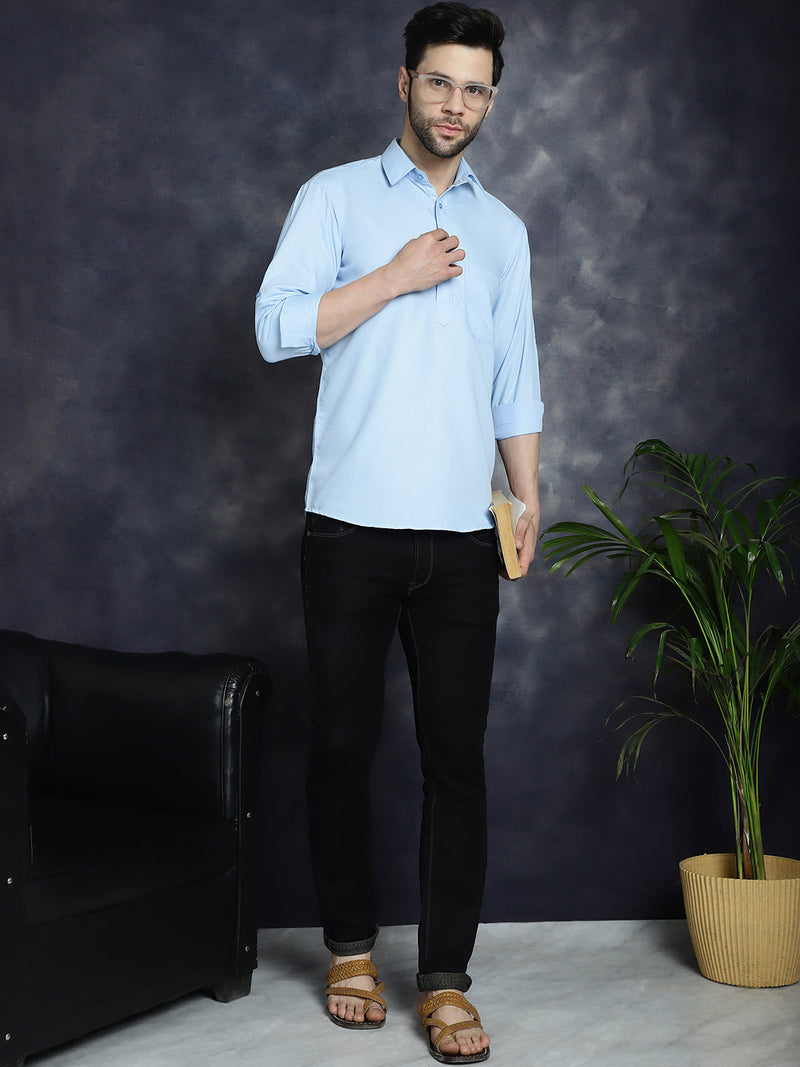 Men's Light Blue Solid Short Kurtas ( KO 5037Light-Blue )